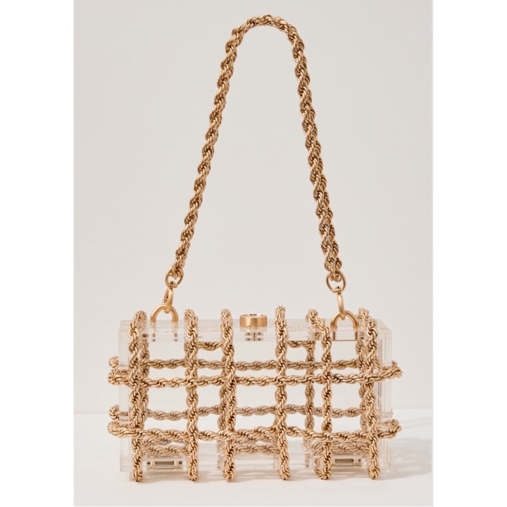 Cult Gaia Bess Transparent Brushed Brass Wrapped Shoulder Clutch Bag